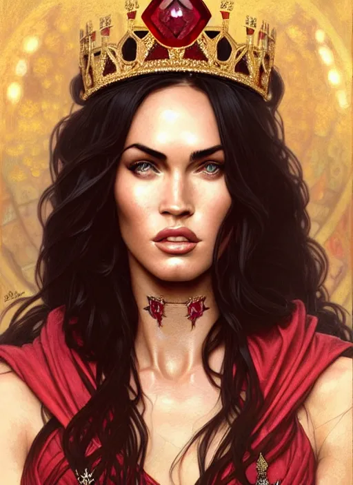 Image similar to portrait of megan fox as a queen, throne, jewelry, greek, ruby, intricate, headshot, highly detailed, digital painting, artstation, concept art, sharp focus, cinematic lighting, illustration, art by artgerm and greg rutkowski, alphonse mucha, cgsociety