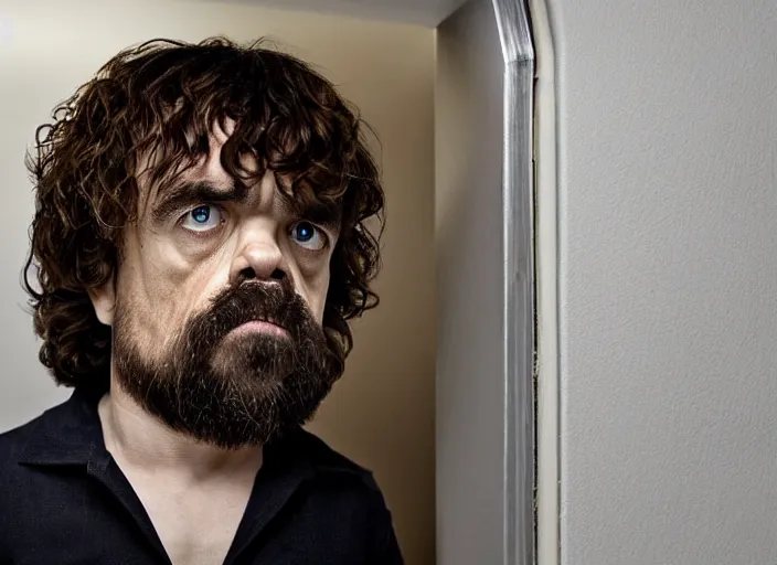 Image similar to peter dinklage looking out of a closet, movie still, from the new ringu movie, 8 k, realistic