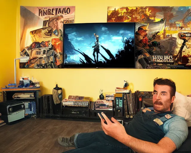 Image similar to a beautiful illustration of my friend mark kidd, playing fallout new vegas on the xbox 3 6 0 in his living room. the tv is the only light source, in the style of studio ghibli, artwork by studio ghibli, gamers bedroom, posters. cinematic composition, anime, 8 k resolution, black, yellow and red colour scheme,