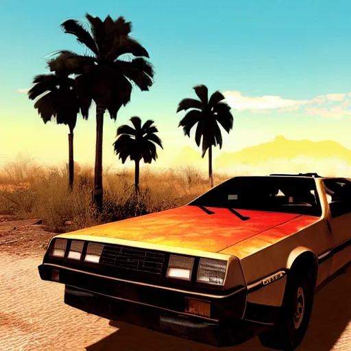 Image similar to wasteland hotline miami desert apocalypse car wasteland war destroyed wide shot landscape nuke fire craters end of the world miami beach sunset palm trees 80s delorean unreal engine dark style