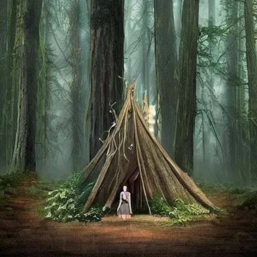 Image similar to forest trees https://media.discordapp.net/attachments/1005597369187958895/1006585564142776320/a_beautiful_fantasy_woman_makes_camp_under_a_large_mushroom_moss_dewdrops_rainstorm_watercolor_dramatic_lighting_cinematic_establishin_-H_704_-n_9_-i_-s_150_-S_664894794_ts-1660000276_idx-2.png