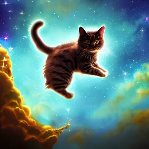 Prompt: fantasy cat floating in space, high detail, fantasy art, concept art, 4 k, ultra detail, computer art