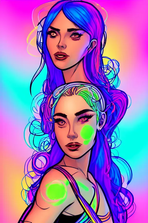 Image similar to a award winning portrait of a beautiful woman with stunning eyes in a one off shoulder crop top and cargo pants with rainbow colored hair, outlined by whirling illuminated neon lines and fine lines swirling in circles by marvel comics, digital art, trending on artstation