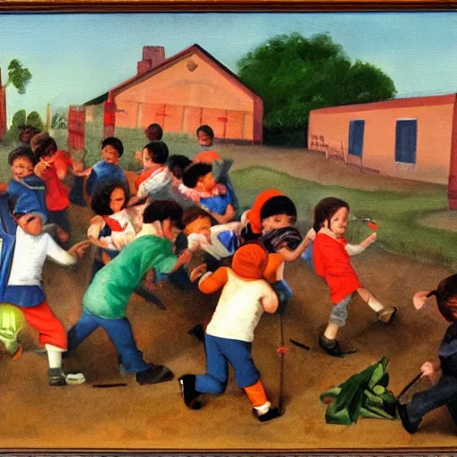 Image similar to painting of children in a schoolyard knife fight