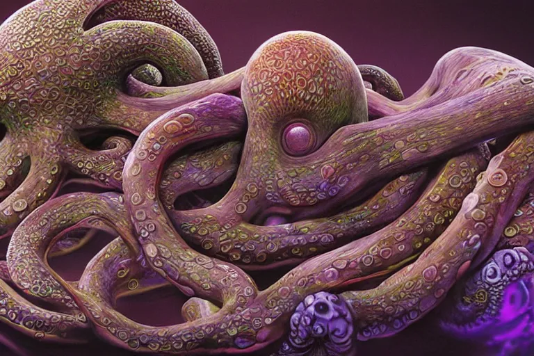 Prompt: An octopus made of muscles and flesh, alex grey, ambient light, terror, glows, realistic, photo-realism, hyper realism, picture, detailed, 3D render, scary, distant shot, in the distance,