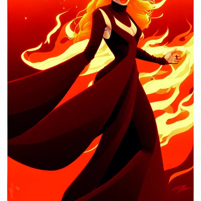 Image similar to style artgerm, joshua middleton, gerald brom, beautiful kristen bell with dark red dress, very long orange hair, symmetrical face, symmetrical eyes, fire powers fire swirling, detailed, volcano setting, cinematic lighting