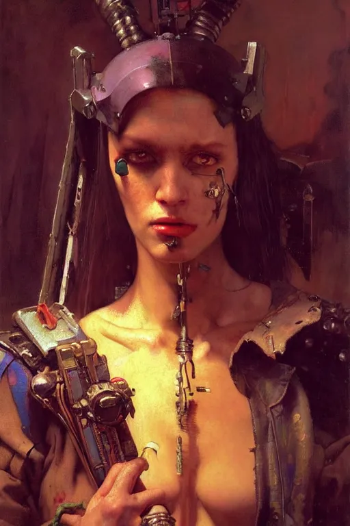 Image similar to full character portrait max mad cyberpunk warhammer 4 0 k, barbarian medic supersoldier not the girl with the pearl earring character design, painting by gaston bussiere, katsuya terada, nc wyeth, greg rutkowski, craig mullins, vermeer, frank frazetta, mucha, tom of finland, trending on artstation, jeffery catherine jones