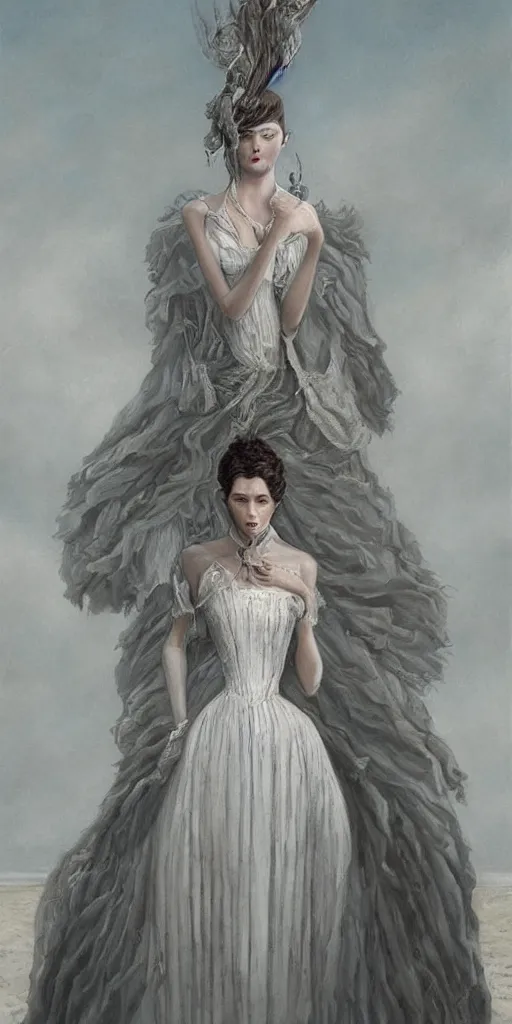 Image similar to a beautiful hyperrealistic longshot portrait of a tall thin stunning Victorian model in a high-collared grey and white dress on the beach in the movie The Piano, intricate, elegant, highly detailed, smooth, sharp focus, award-winning, masterpiece, in the style of Tom Bagshaw, Cedric Peyravernay, Peter Mohrbacher