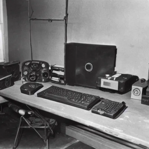 Image similar to ww 2 photograph of a pc gaming setup