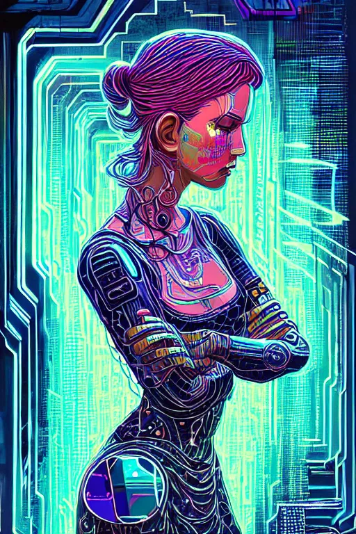 Prompt: dreamy cyberpunk girl, abstract mirrors, digital nodes, beautiful woman, detailed acrylic, grunge, intricate complexity, by dan mumford and by konstantinas ciurlionis