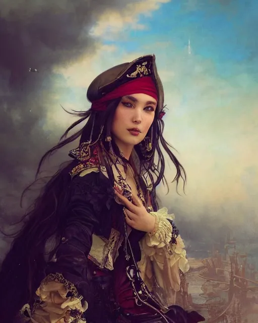 Image similar to a beautiful close up portrait of a pirate sitting with elegant looks, leather clothing, ornate costume and flowing magic all around, intricate and soft by ruan jia, tom bagshaw, alphonse mucha, krenz cushart, beautiful pirate ruins in the background, epic sky, vray render, artstation, deviantart, pinterest, 5 0 0 px models