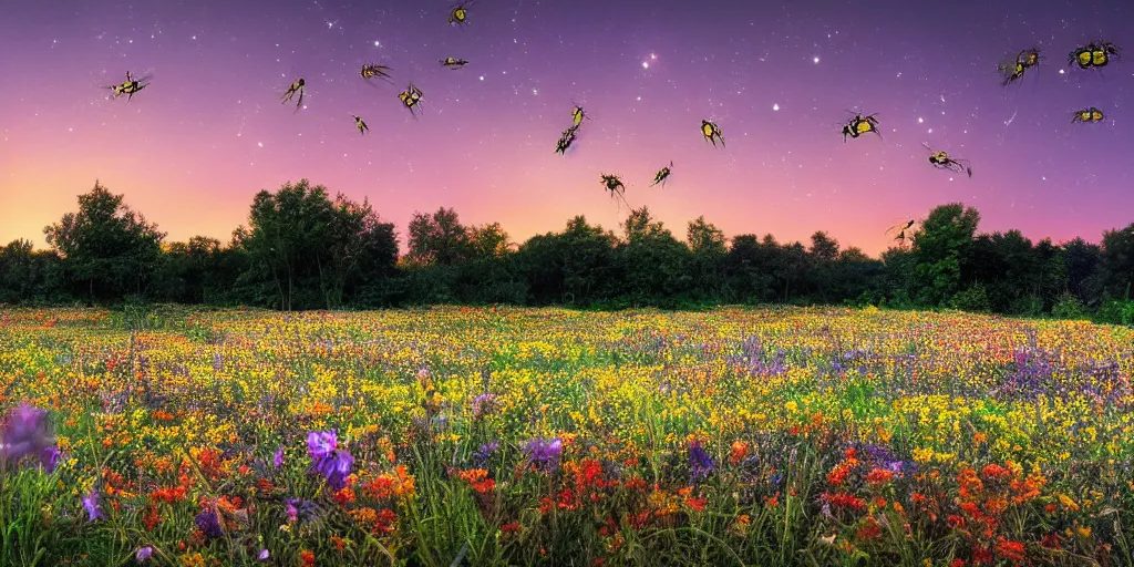 Prompt: a beautiful field of various flowers and fireflies, night, landscape, cozy