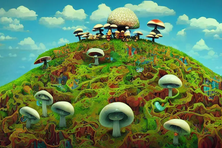 Image similar to surreal mushroom kingdom, floating island in the sky, waterpipes in the ground, summer morning, very coherent and colorful high contrast, art by!!!! gediminas pranckevicius!!!!, geof darrow, dark shadows, hard lighting