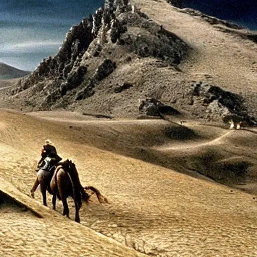 Image similar to still from lord of the rings showing the ride of the rohirrim, riding toward minas tirith on camels