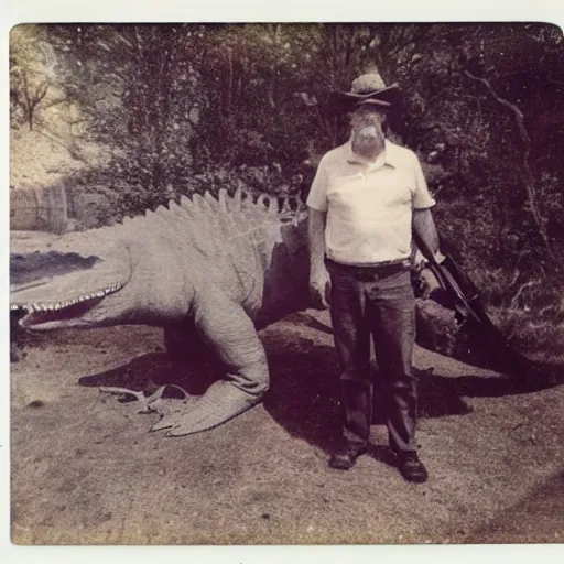 Image similar to old polaroid photo of an old man holding a rifle and standing proudly next to a dinosaur corpse