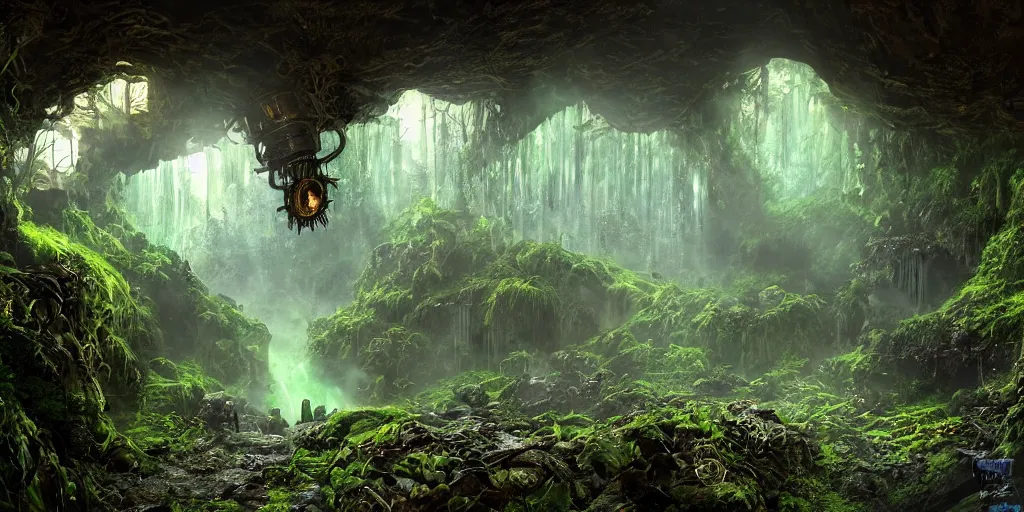 Image similar to magnificent mechanical steampunk monster looking eerily into a cave entrance with lush vegetation and mystical (((glowing algae))) in the sunset, light coming through from holes in the ceiling, waterfalls, desaturated, creepy ambiance, dangerous, sharp focus, highly detailed, artgerm