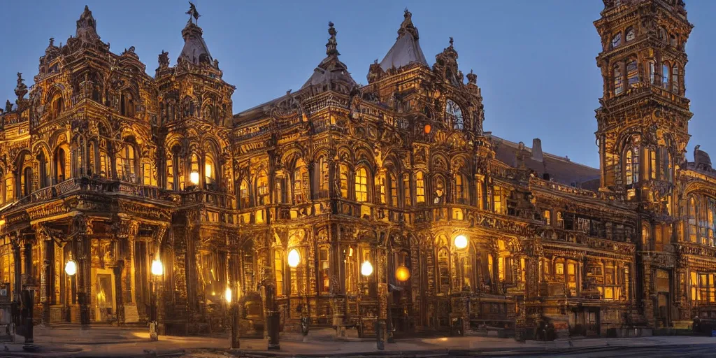 Image similar to extremely detailed ornate stunning sophisticated beautiful elegant victorian museum exterior by Henry Young Darracott Scott and Francis Fowke, stunning volumetric light, stainless steal, concrete, translucent material, beautiful sunset, tail lights