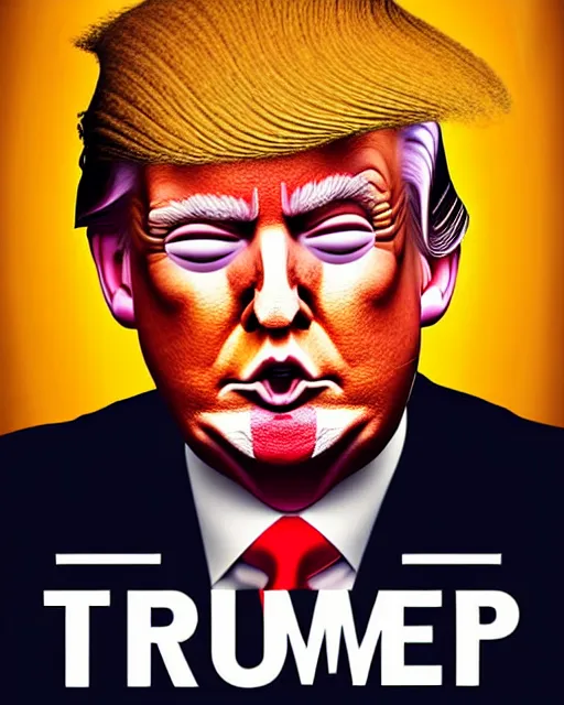 Image similar to portrait photograph of trump with trumpet hair warm lighting, trump has hair as a trumpet, trumps hair is coming out as trumpet. movie poster, illustration by bartek fedyczak, erak note, tooth wu, neil richards, kan liu, siwoo kim, jisu choe, trending on art station