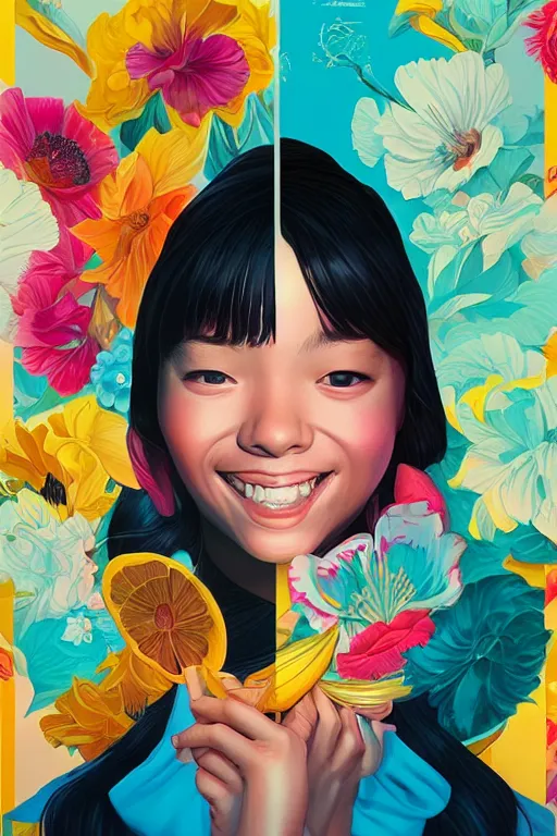 Image similar to a beautiful young girl smiling, Tristan Eaton, victo ngai, artgerm, RHADS, ross draws