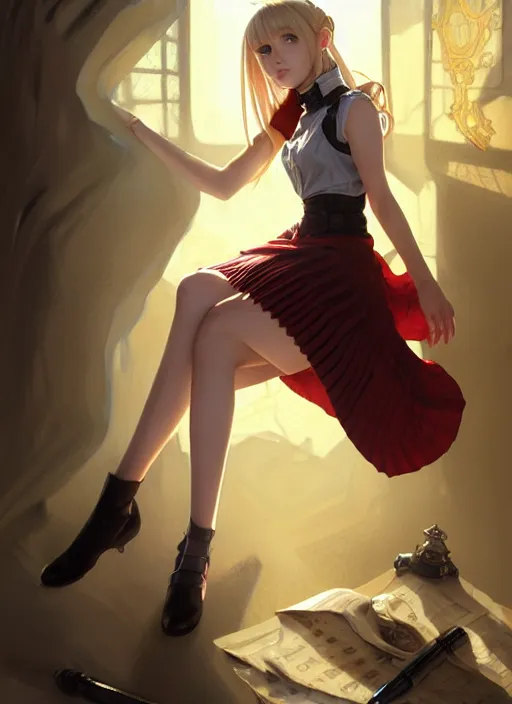 Image similar to portrait of a full body of beautiful young female detective, d & d, sleeveless turtleneck, pleated skirt, fantasy, flat lighting, intricate, highly detailed, digital painting, artstation, concept art, smooth, sharp focus, illustration, misa amane, art by simon bisley and greg rutkowski and alphonse mucha, natural tpose