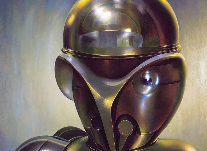 Image similar to a portrait headshot of sci fi metallic human, bright eyes, melancholic complex geometric figure liminal machinery by oskar schlemmer, moebius, john berkey, oil on canvas, portrait facial head, featured on artstation, hd wallpaper