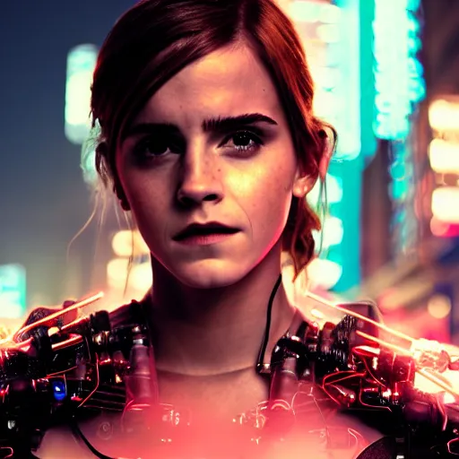 Image similar to photo of emma watson as a cyborg in a cyberpunk city, neon lights, bloom, bokeh, depth of field, robotic limbs, mid full shot, 8k, highly detailed skin, highly detailed face