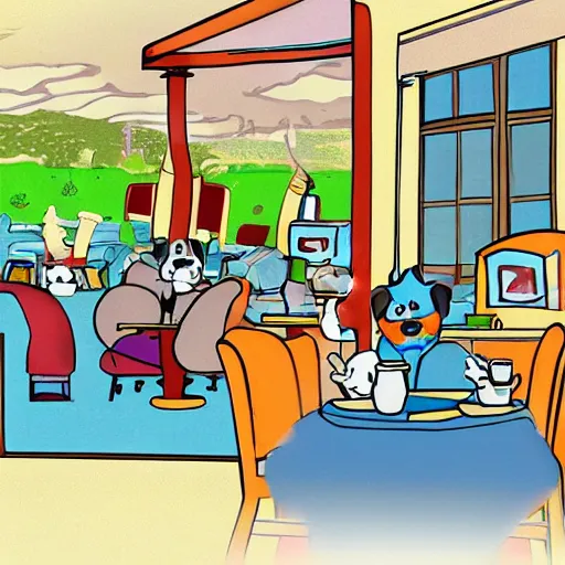 Prompt: bluey in a cafe at a dog shelter, cartoon, animation cel