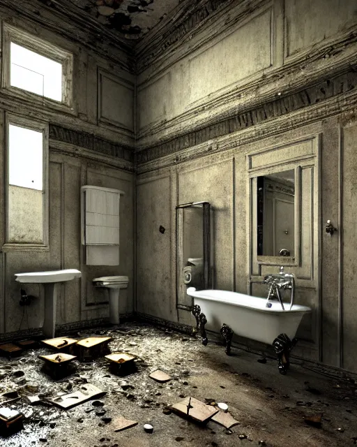 Prompt: a beautiful photorealistic highly detailed abandoned bathroom by pierre de meuron, scumm bar, archdaily, wallpaper, highly detailed, trending on artstation.