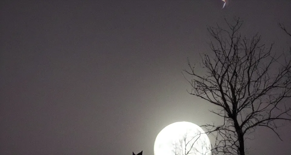 Image similar to a kitten standing on a tree and looking at the moon, night