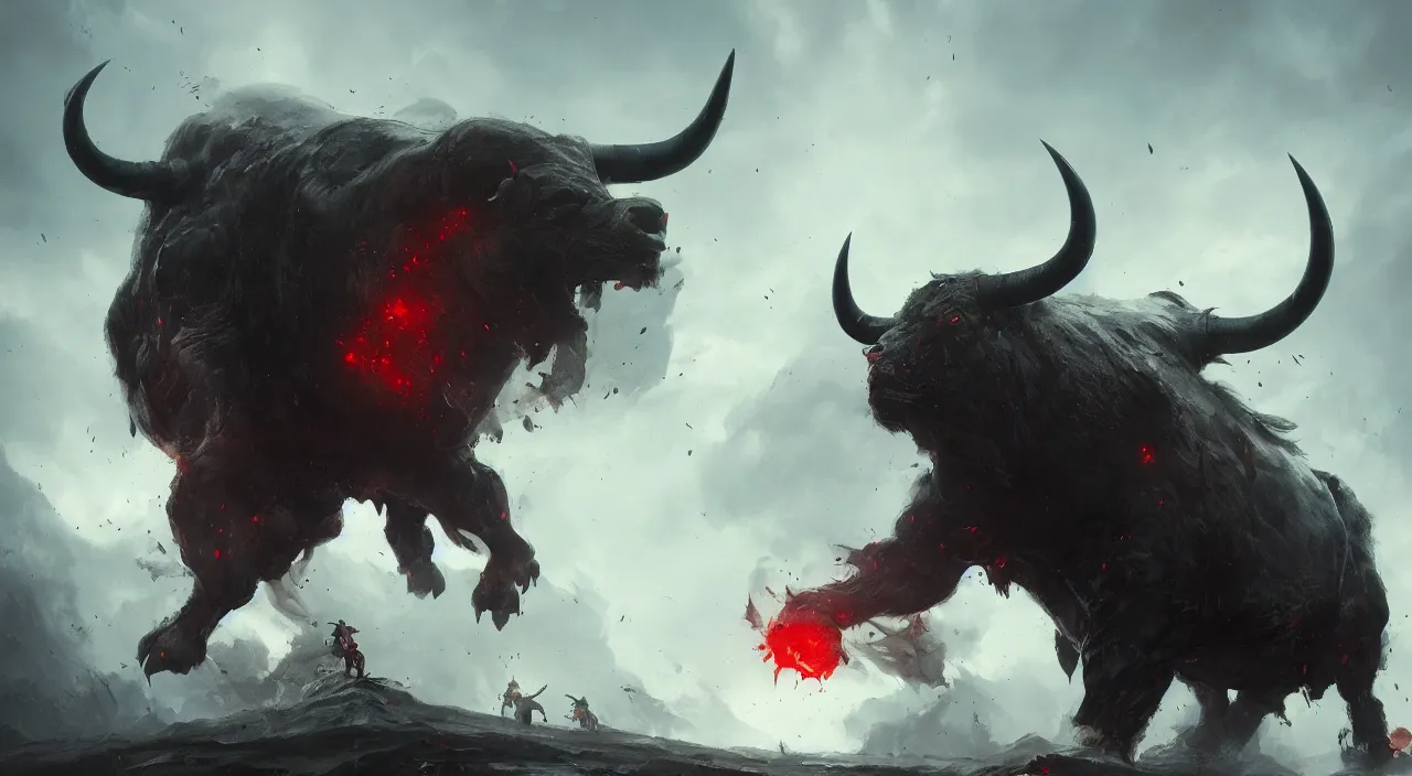 Image similar to giant angry bull with red eyes, steam breath, mysterious, epic concept art, epic painting, artstation, realistic, by greg rutkowski