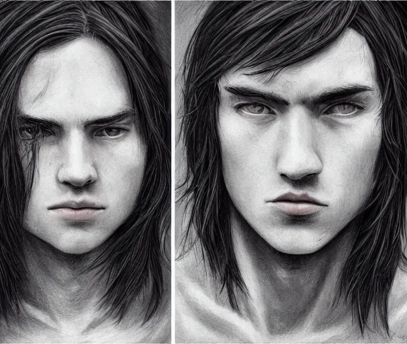 Image similar to headshot and upper bodyshot of a handsome yet boyish androgynous man with short to medium length stringly dark hair and long bangs covering one of his eyes, very nostalgic, very melancholic, dramatic angle, rotoscoped, rotoscope, photoshop, photomanipulation, realism, painting, illustration and sketch, weird scribbles, hybrid styles, hybrid art styles, mismatched, trending on artstation, trending on deviantart, weird, quirky, interesting, very detailed, highly detailed, HD Quality, 4k resolution, 8k resolution, in the style of David Firth, in the style of James Lee, in the style of Drue Langlois,