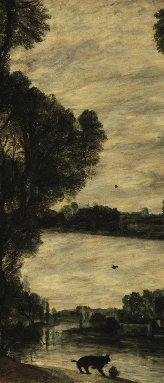 Prompt: a cat with white and black fur floating over a river at dusk, low exposure, painting by john constable, pieter brueghel, dynamic lighting, beautiful render,