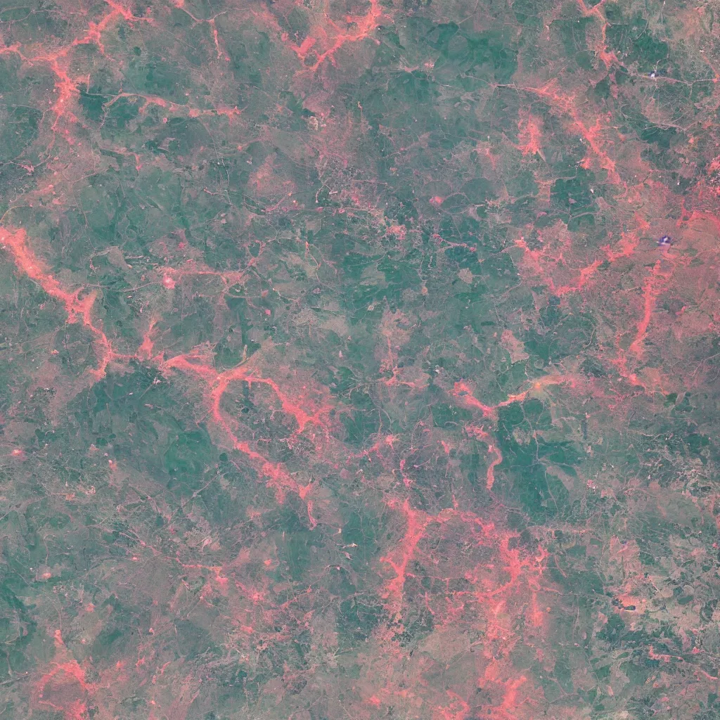 Prompt: a very polluted landscape seen by sentinel or landsat satellite during the night with red rivers and oceans surrounded by urban sediment, photorealistic, high resolution, best quality