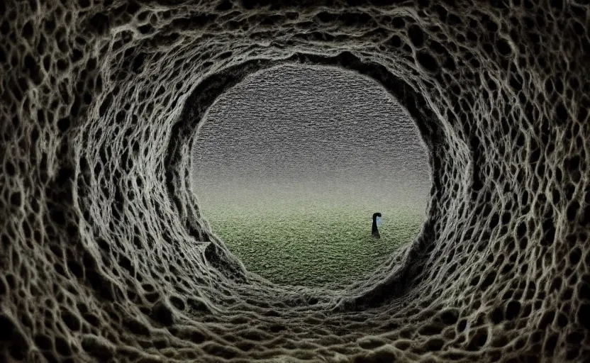 Image similar to hand holding sponge with many tunnels inside each hole, tunnels lead to different worlds, surreal, detailed, high definition, lord of the rings esk, close up, mysterious, curiosity,