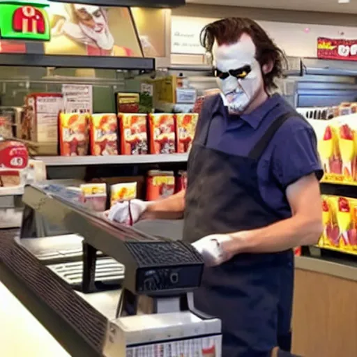 Prompt: joaquin phoenix joker working as a cashier at mcdonalds