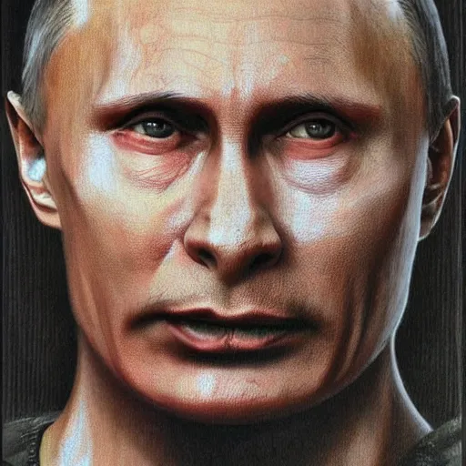 Image similar to vlad putin became stupid imbecile retard degenerate photo - realistic, color image, hyper realistic, 2 k, highly detailed, occult art, by giger, fractal structure