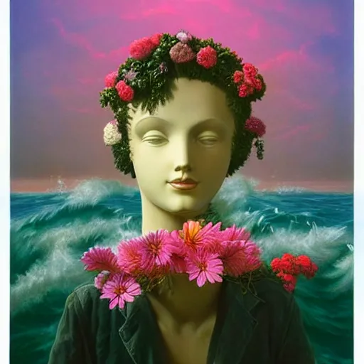 Image similar to award winning masterpiece with incredible details, a surreal vaporwave vaporwave vaporwave vaporwave vaporwave painting by Thomas Cole of an old pink mannequin head with light beaming out of its eyes, flowers growing out of its head, sinking underwater, highly detailed, WOW