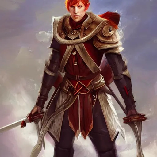 Image similar to D&D portrait male half elf artificer with red hair, wearing a white coat and half-plate armor, carrying a crossbow, artstation, digital illustration by Chris Rallis