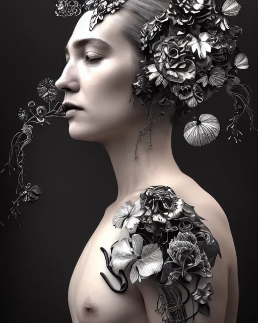 Image similar to monochrome profile portrait painting, silver lace floral steampunk biomechanical beautiful young female cyborg with techno eye, volumetric light, leaves foliage and stems, hibiscus flowers, sinuous fine roots, fine foliage lace, alexander mcqueen, rim light, big gothic fashion pearl embroidered collar, octane render, dutch masters, 8 k