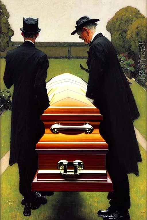 Image similar to a sad man mourning over a casket by sydney prior hall and alfred stevens and sherree valentine daines and norman rockwell, casket, highly detailed, deep shadows, accurate face, hyperrealism