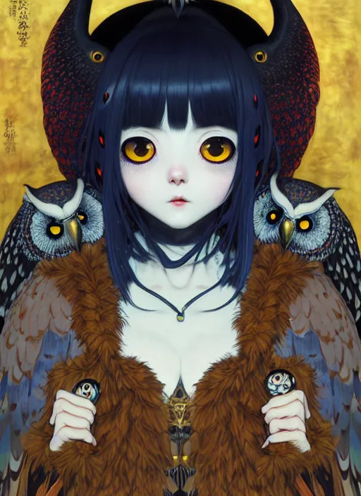 Prompt: owl goddess wearing feathered robe, dark, forest ritual, moon, Ilya Kuvshinov, digital, concept art, Kyoto animation,last exile, blue submarine no. 6, gustav klimt,loish, murata range, kawaii, yoshitaka amano, studio lighting, manga, bright colors, beautiful, 28mm lens,mucha, vibrant high contrast, gradation, jean giraud, fantasy, rule of thirds, unreal engine, fibonacci, intricate, cel shaded, blender npr, flat, matte print, soft eyes, smooth, mucha, makoto shinkai