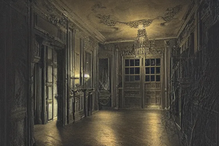 Image similar to full - color digital photo of the interior of a spooky elegant mansion at night. the interior is narrow, labyrinthine, illogical, surreal, bizarre, and complicated. there is a faintly - visible victorian ghost lurking. highly - detailed high - resolution photography.