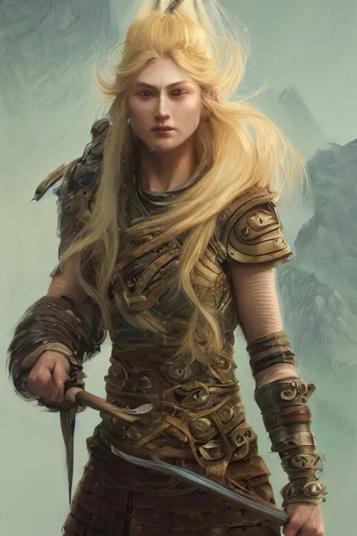 Image similar to ultra detailed powerful female viking, blond long hair, green eyes, axe un hand, battle ready, sharp bone structure, extremely detailed digital painting, in the style of fenghua zhong and ruan jia and jeremy lipking and peter mohrbacher, mystical colors, rim light, beautiful lighting, 8 k, stunning scene, raytracing, octane, trending on artstation