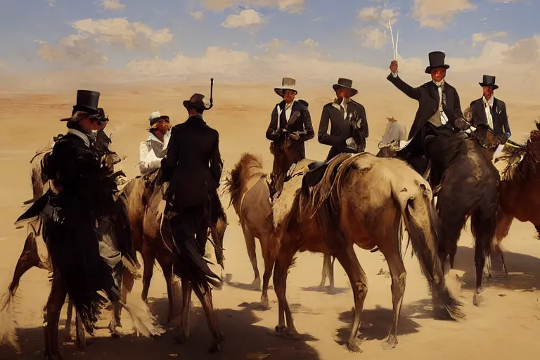 Prompt: portrait of a respectable dignified royal business elite politicians in top hats and coat tails riding on emus in the sahara desert throwing vanilla icecream cones at each other, art by anders zorn, wonderful masterpiece by greg rutkowski, beautiful cinematic light, american romanticism by greg manchess, jessica rossier