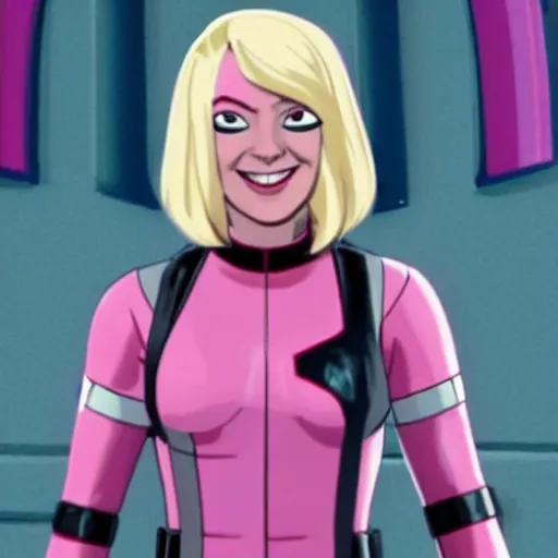 Image similar to A still of Gwenpool in Deadpool 3 (2023), blonde hair with pink highlights, no mask, white and light-pink outfit, smiling and winking at the camera