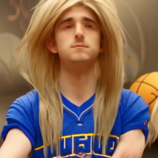 Image similar to live action still of porter robinson with long blonde hair in space jam, real life, hyperrealistic, ultra realistic, realistic, highly detailed, epic, hd quality, 8k resolution, body and headshot, film still