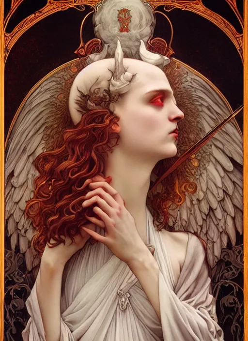 Image similar to majestic satanic death angel porcelain skin man movie poster, art style by edmund leighton, tom bagshaw, alphonse mucha, exquisite digital art, haunting, masterpiece, organic painting, photorealistic, ornate and hyper detailed