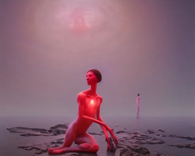 Image similar to iridescent, portrait, neon body, rocky lake shore, alien woman, glowing red, by edgar maxence and ross tran, zdzisław beksinski, and michael whelan, distant, gustav dore, h. r. giger, 8 k, octane render