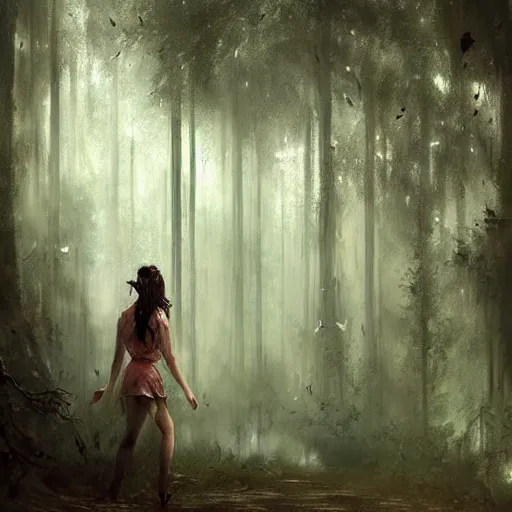 Image similar to a painting of a woman walking through a forest, a detailed matte painting by Bastien Lecouffe-Deharme, trending on cgsociety, fantasy art, matte painting, enchanting, cryengine