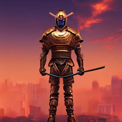 Prompt: samurai cyborg, armor designed by jony ive in cybercity, golden hour, poster by michael whelan and gilbert williams and evgeny lushpin and artgerm and alena aenami, 3 0 mm, well proportioned, highly detailed, rule of thirds, long exposure